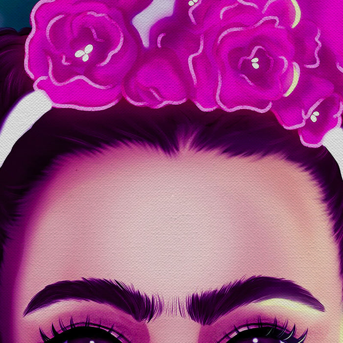 Frida Kahlo And Purple Flowers Cartoon Character Canvas Wall Art