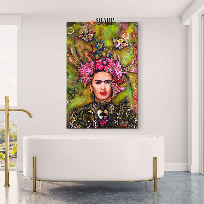 Frida Kahlo Butterfly And Flowers Canvas Wall Art
