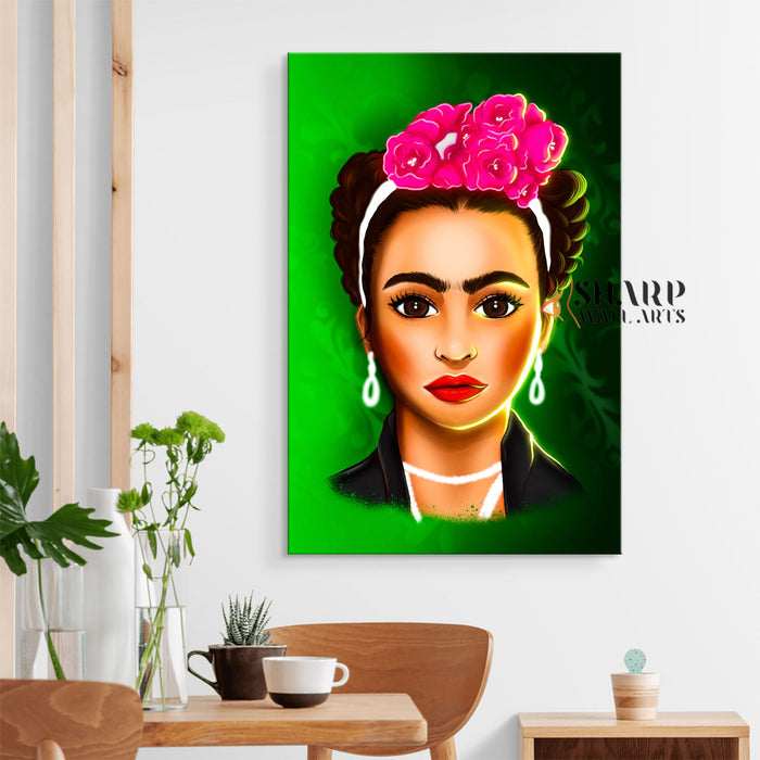 Frida Kahlo Cartoon Character Green Canvas Wall Art