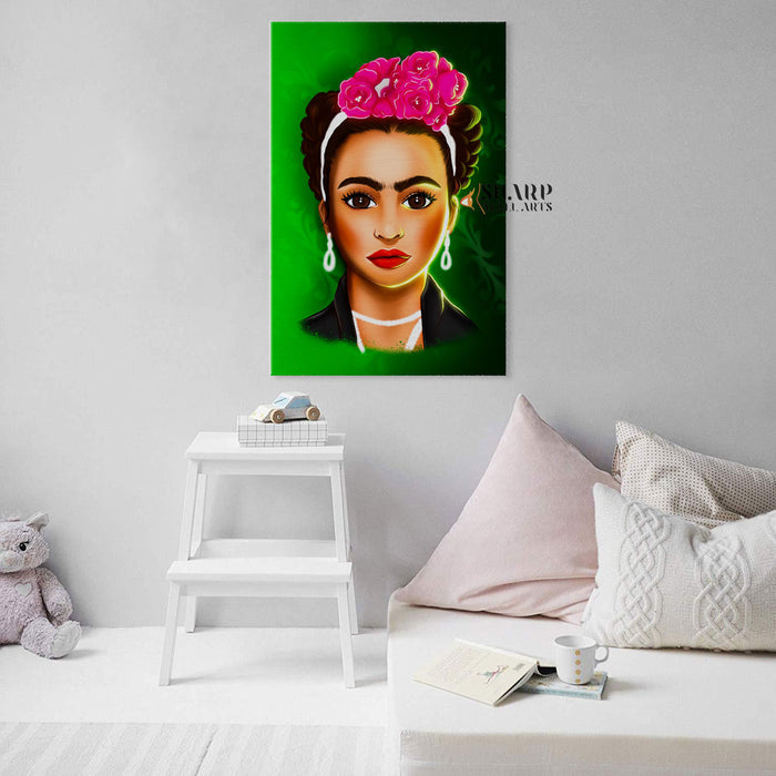 Frida Kahlo Cartoon Character Green Canvas Wall Art