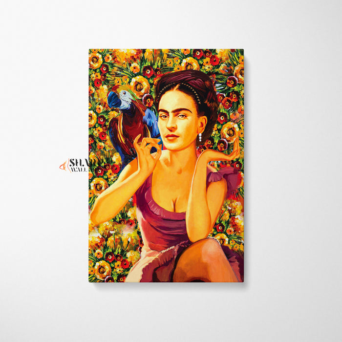 Frida Kahlo Parrot And Flowers Canvas Wall Art