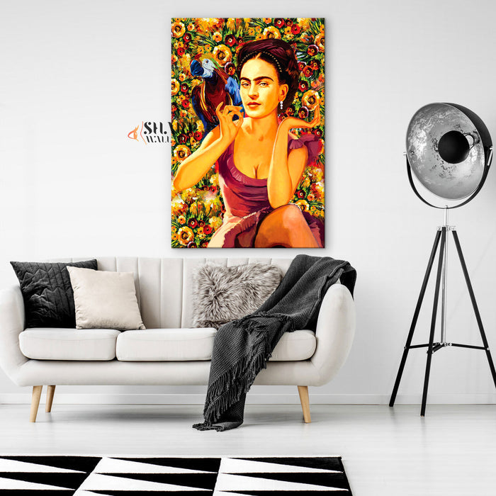 Frida Kahlo Parrot And Flowers Canvas Wall Art
