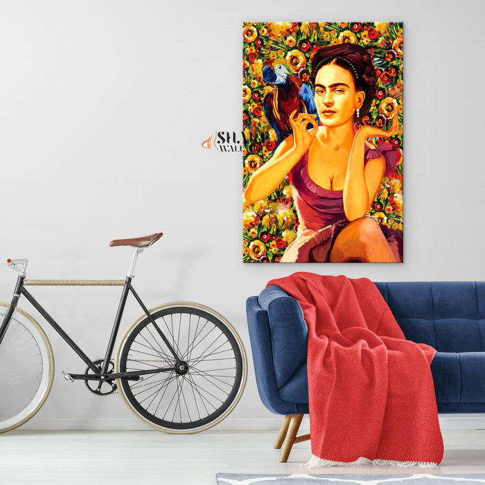 Frida Kahlo Parrot And Flowers Canvas Wall Art