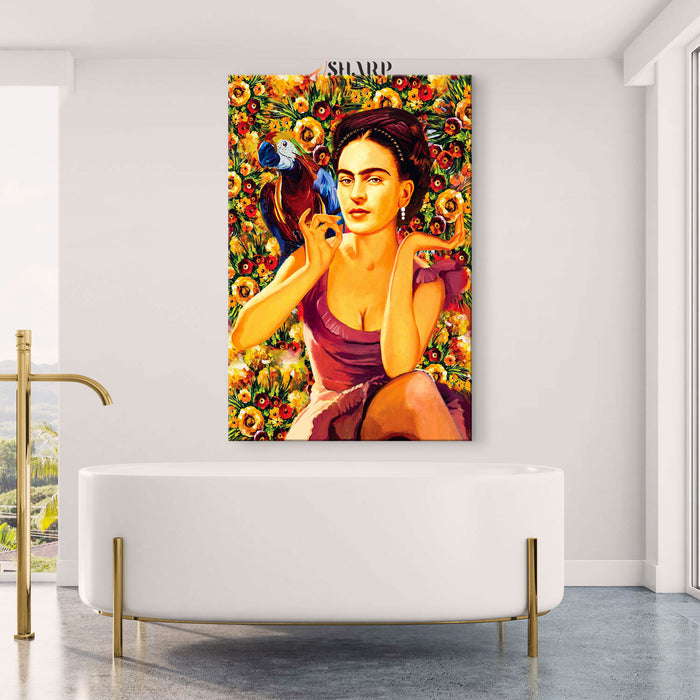 Frida Kahlo Parrot And Flowers Canvas Wall Art