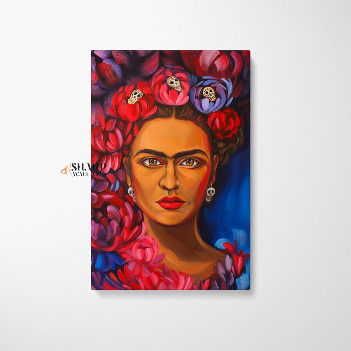 Frida Kahlo Portrait Flowers Skull Canvas Wall Art