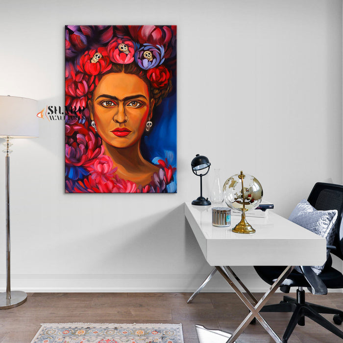Frida Kahlo Portrait Flowers Skull Canvas Wall Art