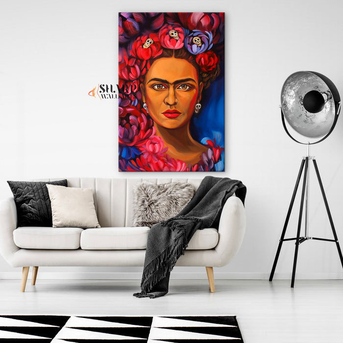 Frida Kahlo Portrait Flowers Skull Canvas Wall Art