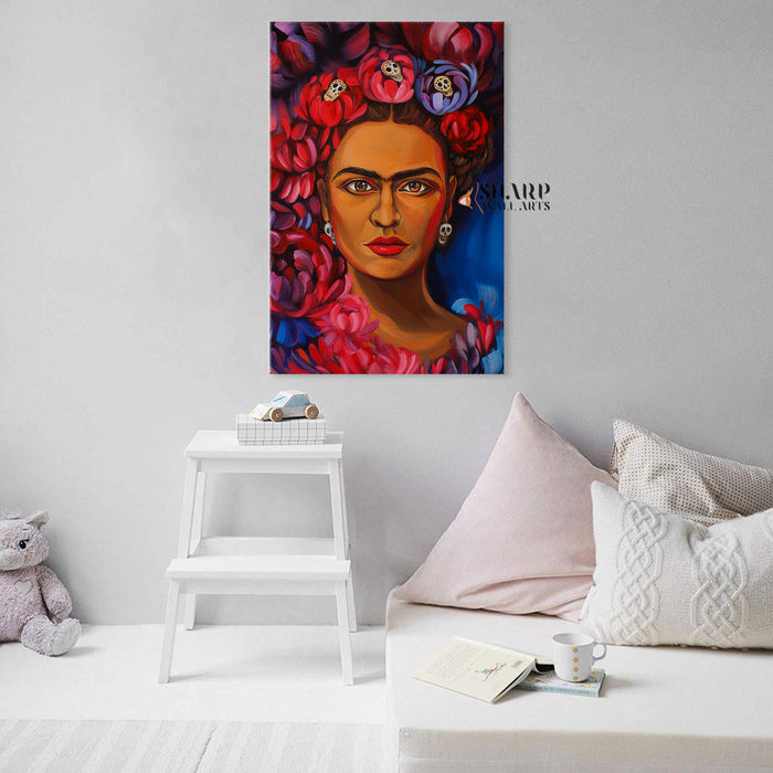 Frida Kahlo Portrait Flowers Skull Canvas Wall Art