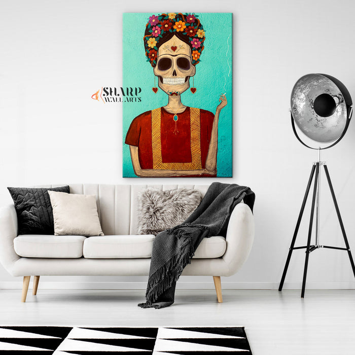 Frida Kahlo Portrait Skull Smoking Canvas Wall Art