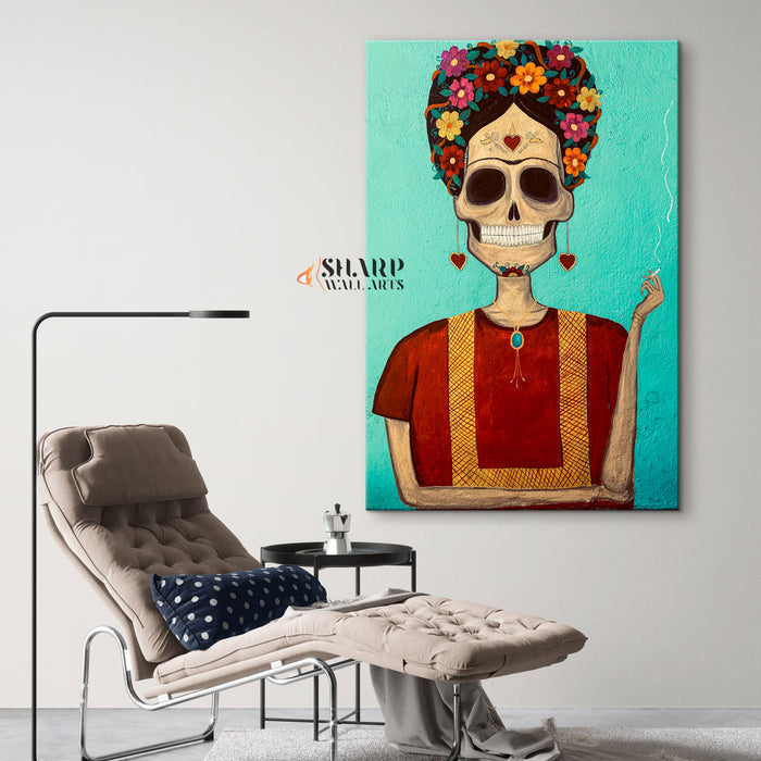 Frida Kahlo Portrait Skull Smoking Canvas Wall Art