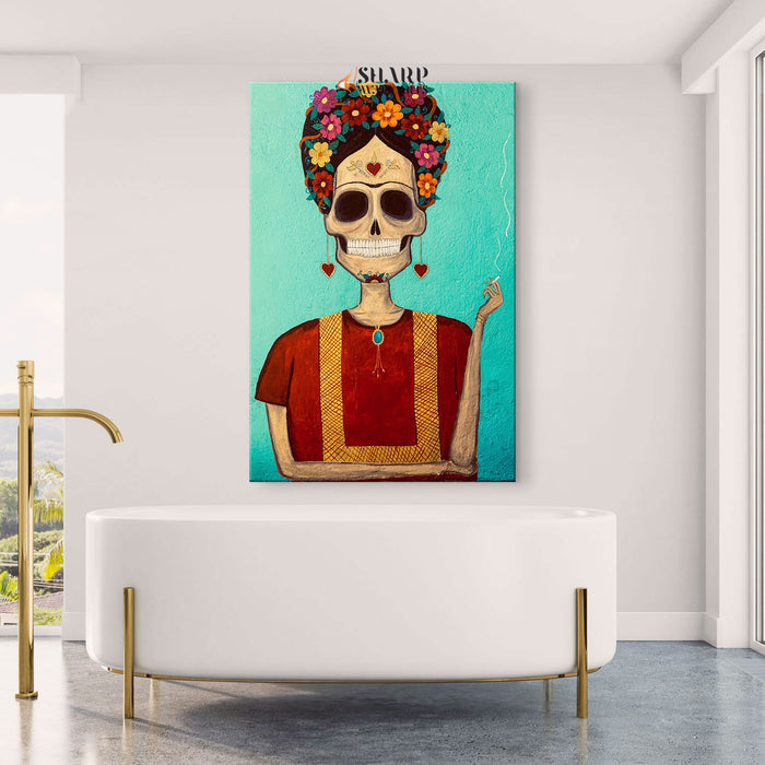 Frida Kahlo Portrait Skull Smoking Canvas Wall Art