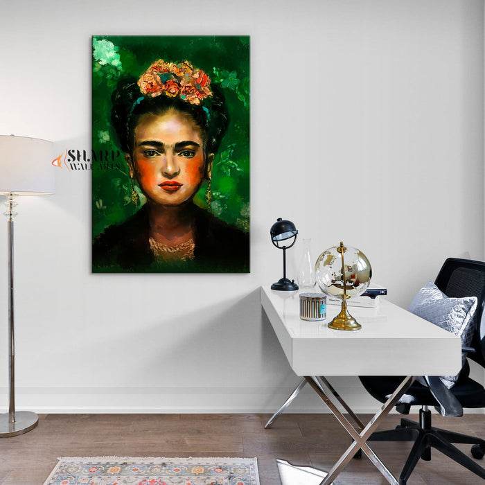 Frida Kahlo Portrait With Orange Flowers In Hair Canvas Wall Art