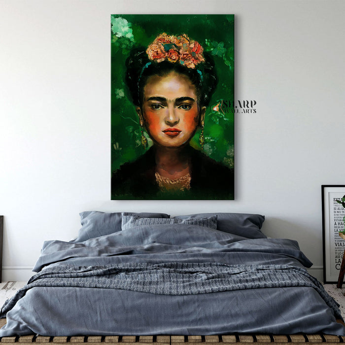 Frida Kahlo Portrait With Orange Flowers In Hair Canvas Wall Art