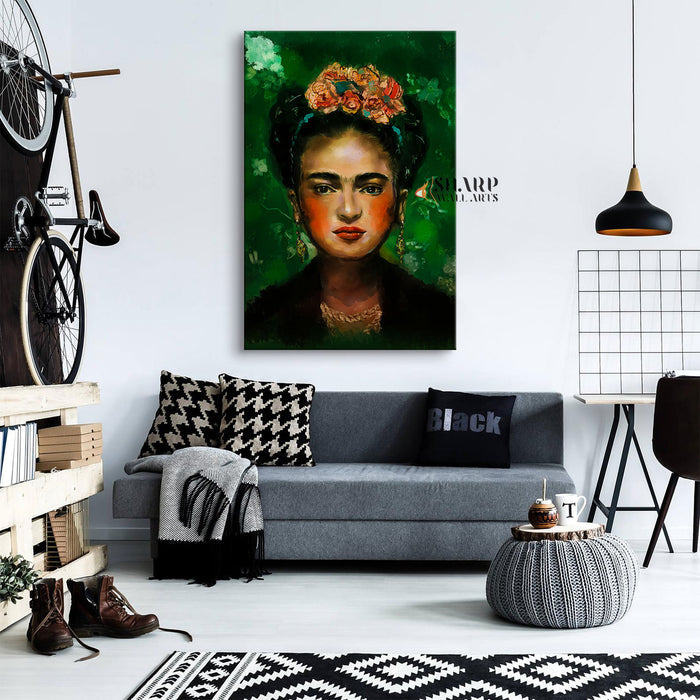 Frida Kahlo Portrait With Orange Flowers In Hair Canvas Wall Art