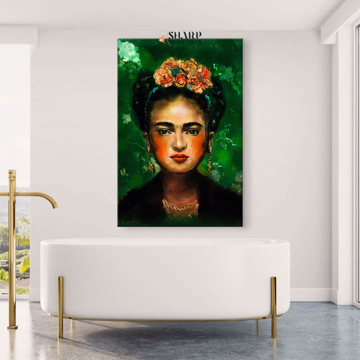 Frida Kahlo Portrait With Orange Flowers In Hair Canvas Wall Art