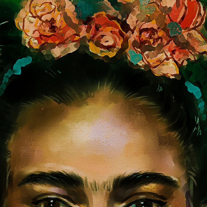 Frida Kahlo Portrait With Orange Flowers In Hair Canvas Wall Art