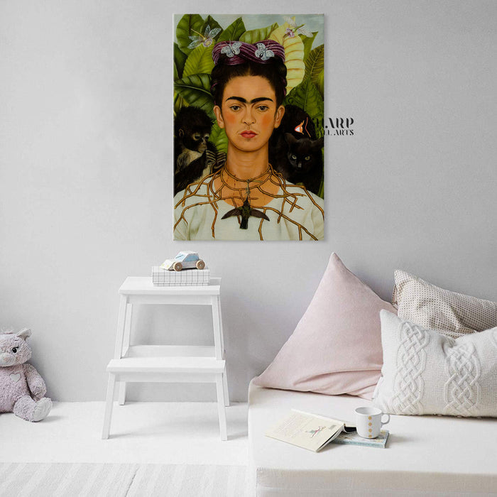 Frida Kahlo Portrait With Thorn Necklace And Hummingbird Canvas Wall Art