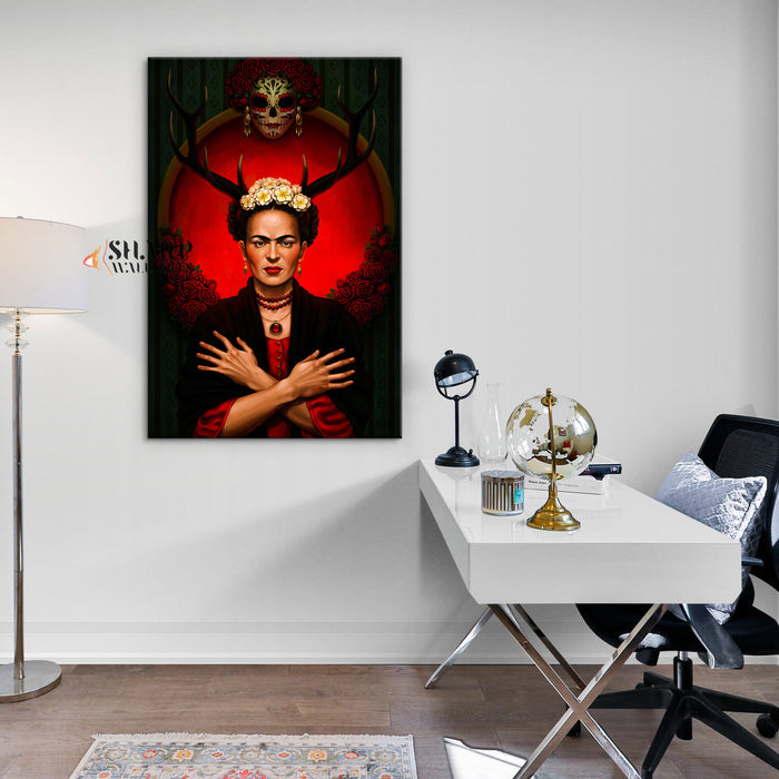 Frida Kahlo Red Deer Horns Canvas Wall Art