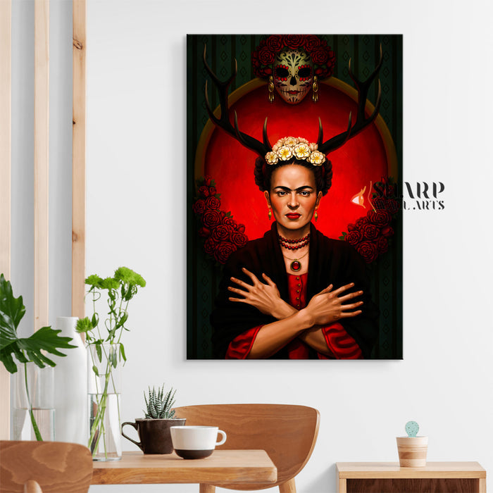 Frida Kahlo Red Deer Horns Canvas Wall Art