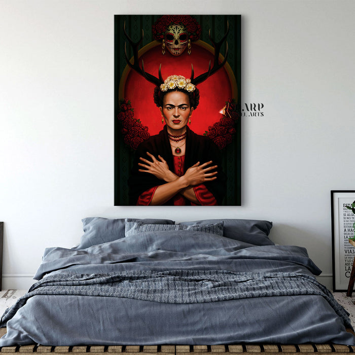 Frida Kahlo Red Deer Horns Canvas Wall Art