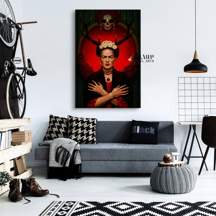 Frida Kahlo Red Deer Horns Canvas Wall Art