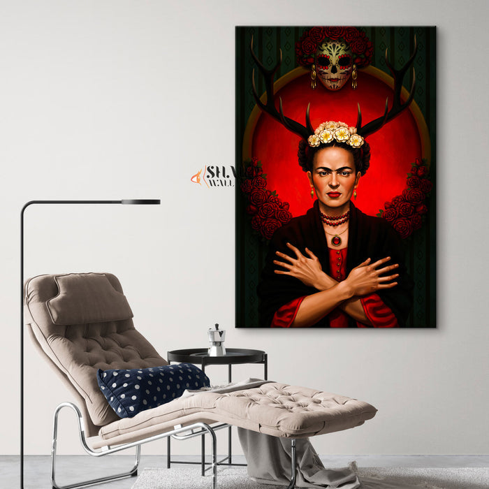 Frida Kahlo Red Deer Horns Canvas Wall Art