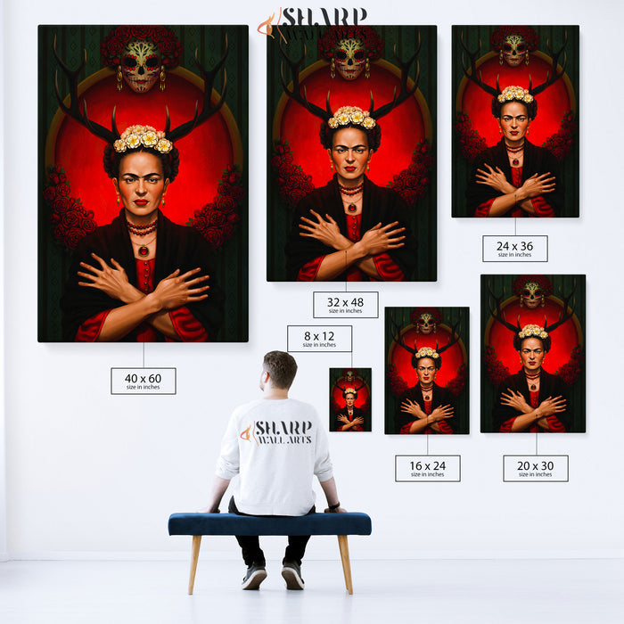 Frida Kahlo Red Deer Horns Canvas Wall Art