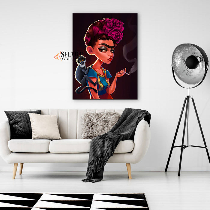 Frida Kahlo Smoking with Monkey Canvas Wall Art