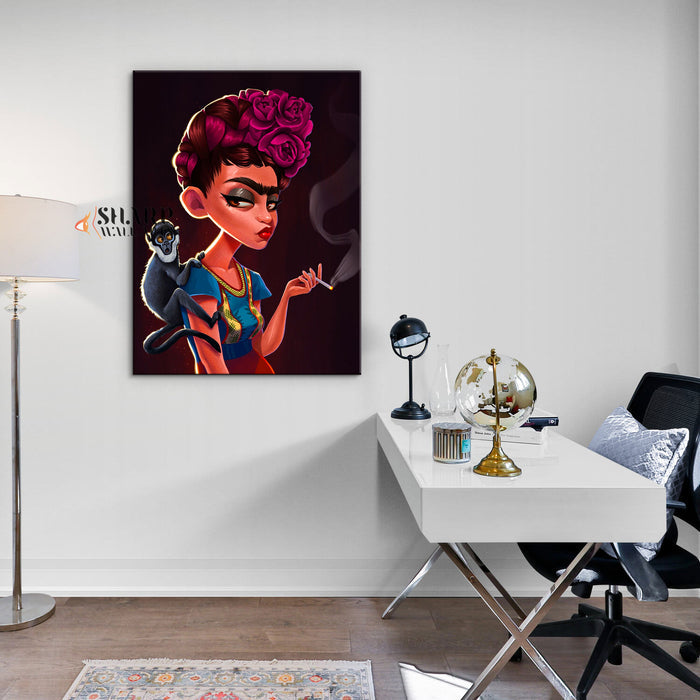 Frida Kahlo Smoking with Monkey Canvas Wall Art