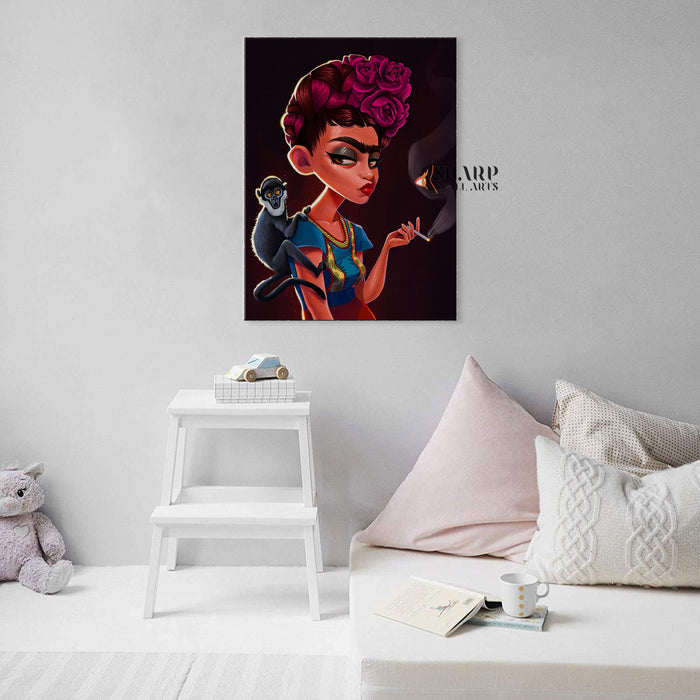 Frida Kahlo Smoking with Monkey Canvas Wall Art