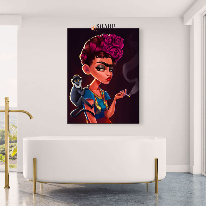 Frida Kahlo Smoking with Monkey Canvas Wall Art