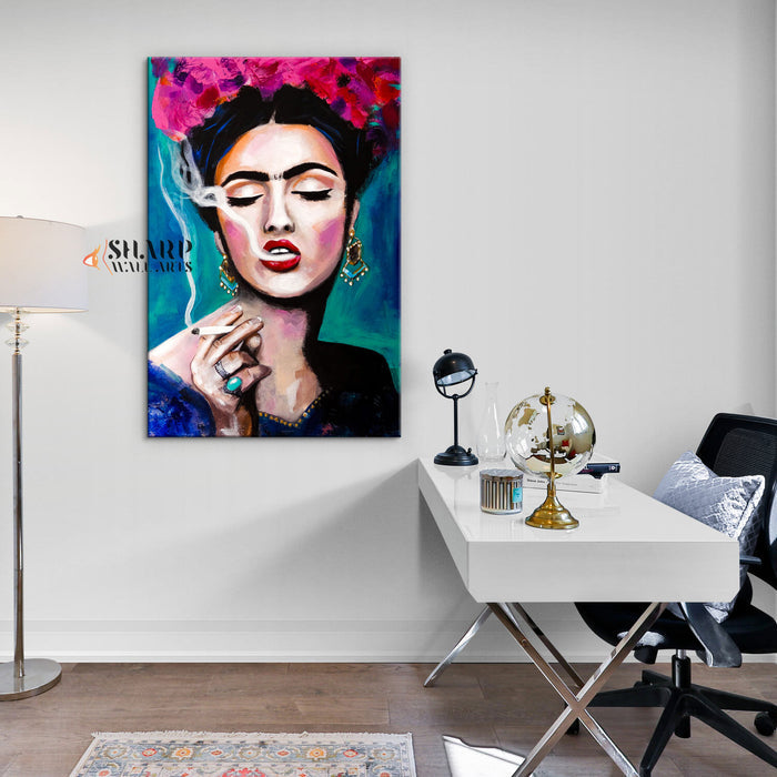 Frida Kahlo Smoking With Pink Flowers in Hair Canvas Wall Art
