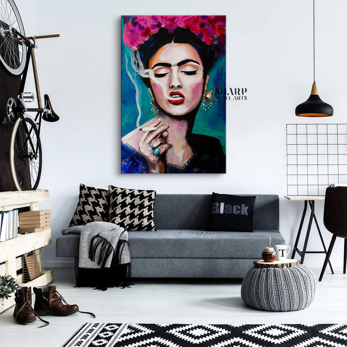 Frida Kahlo Smoking With Pink Flowers in Hair Canvas Wall Art