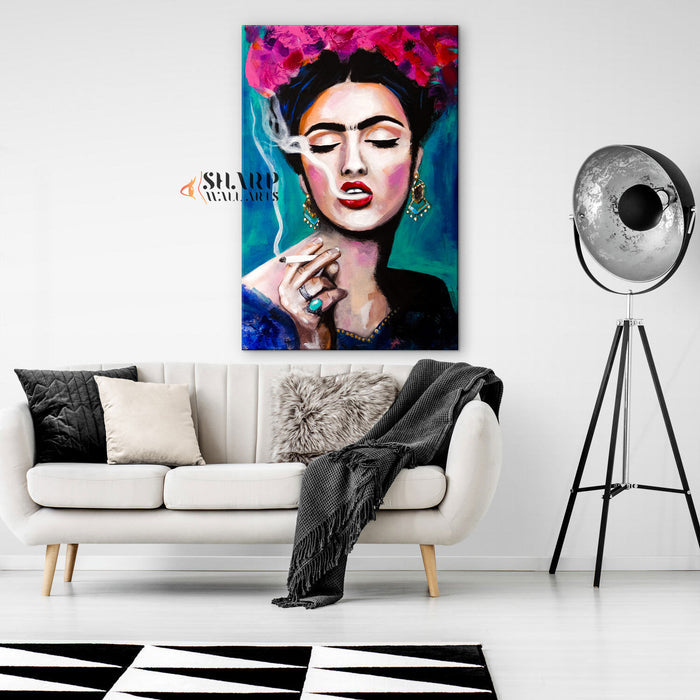 Frida Kahlo Smoking With Pink Flowers in Hair Canvas Wall Art