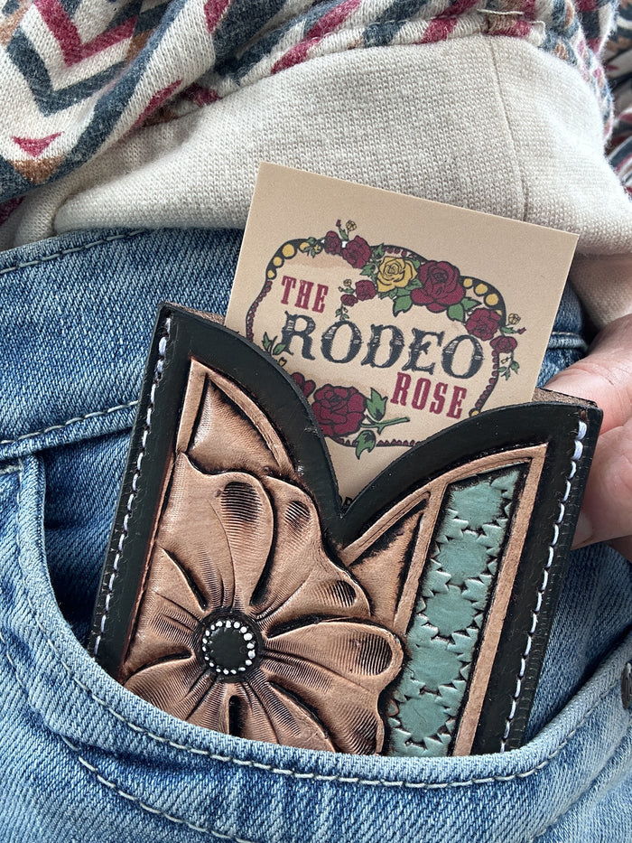 Front Pocket Hand Tooled Leather Wallet with a Flower and Southwest Bar