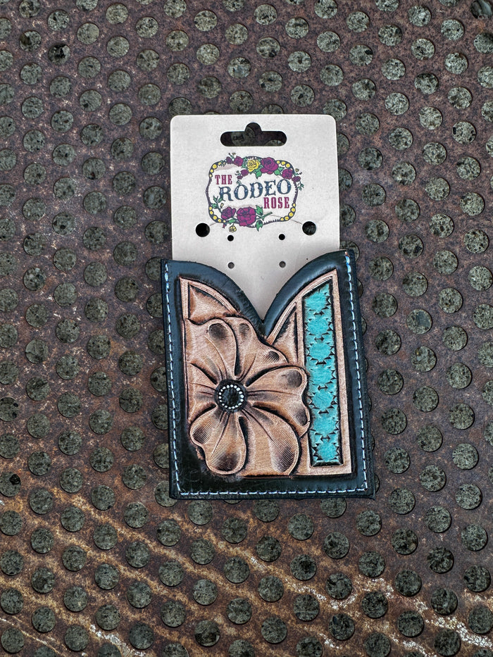 Front Pocket Hand Tooled Leather Wallet with a Flower and Southwest Bar