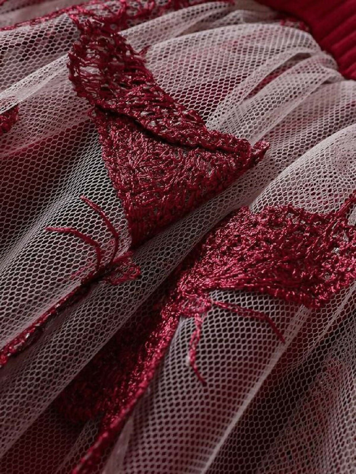 Girls Maroon Butterfly Net Party Dress with Bow
