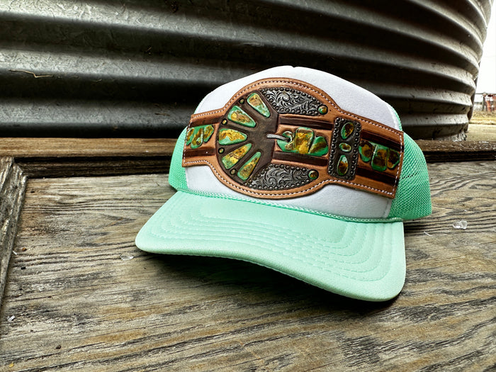 Green Turquoise Handtooled Buckle Cap