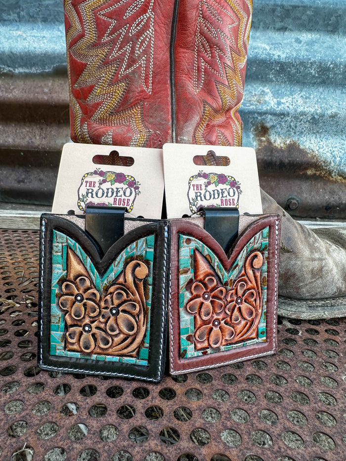 Hand Tooled Leather Boot Wallet with Petite Flowers and Turquoise Border