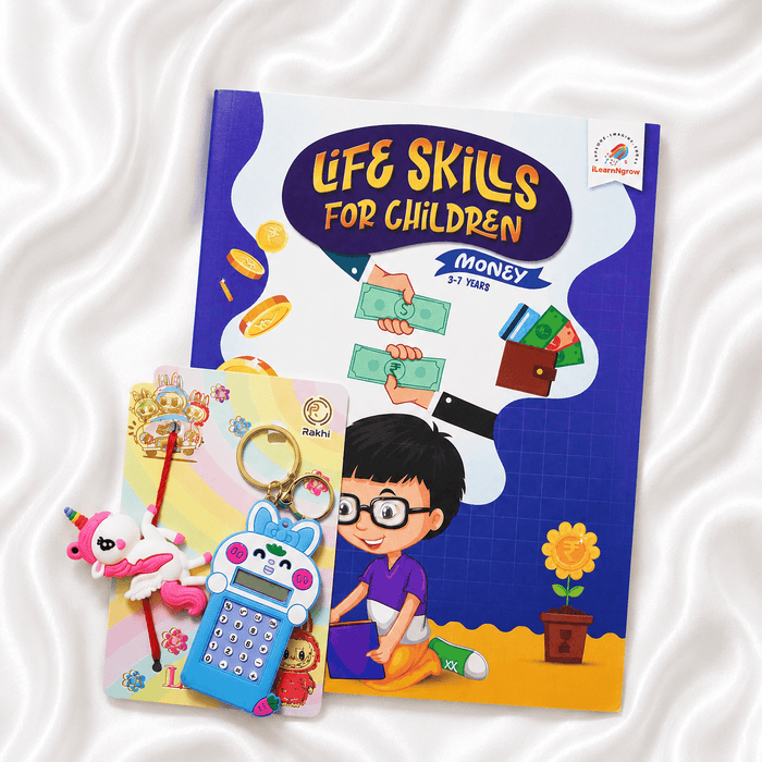 iLearnngrow Financial Literacy Rakhi Combo featuring a festive Rakhi paired with engaging money-learning activities designed to introduce kids to saving, spending, budgeting, and basic financial concepts through play.
