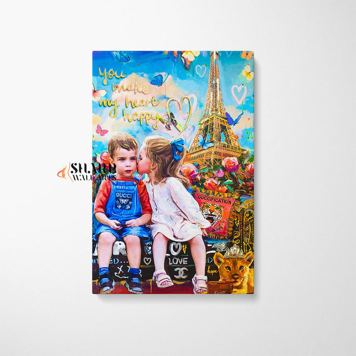 Kids Love In Paris Canvas Wall Art