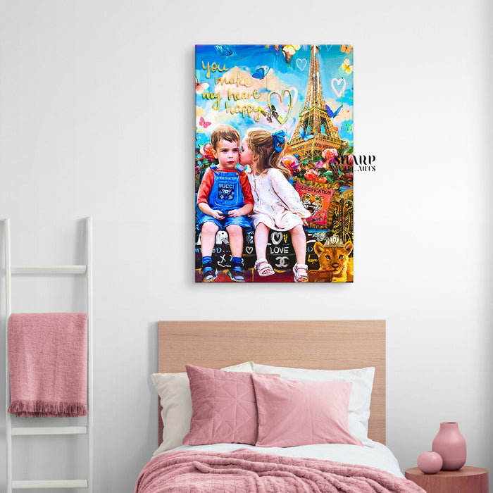Kids Love In Paris Canvas Wall Art
