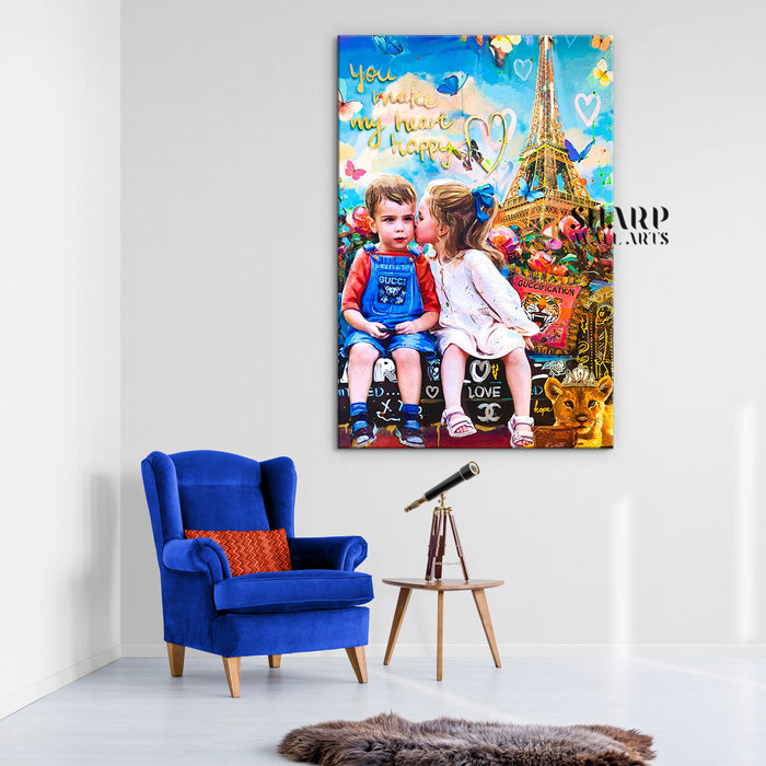 Kids Love In Paris Canvas Wall Art