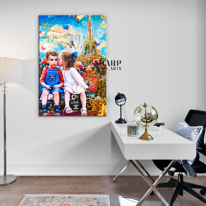 Kids Love In Paris Canvas Wall Art