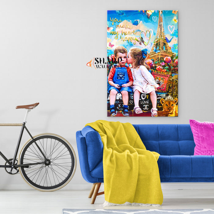 Kids Love In Paris Canvas Wall Art