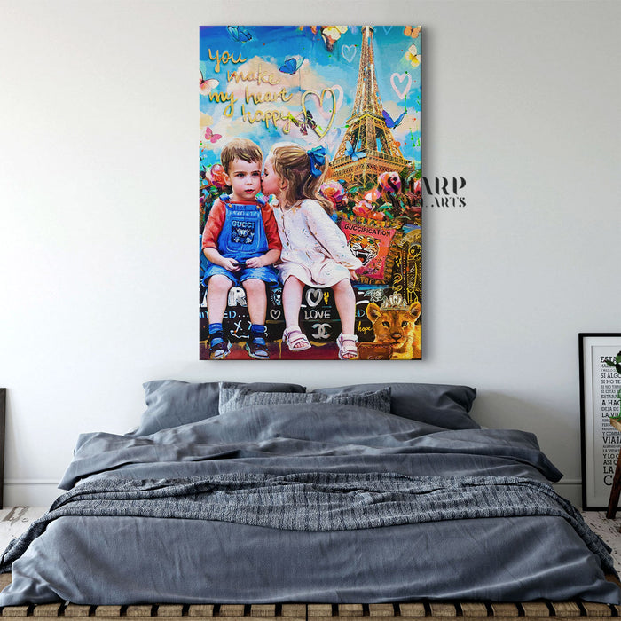 Kids Love In Paris Canvas Wall Art