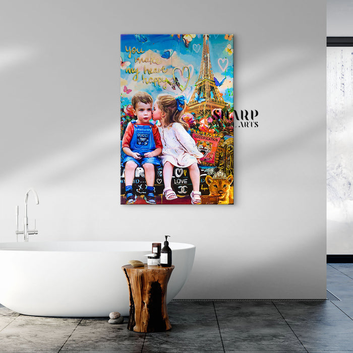 Kids Love In Paris Canvas Wall Art