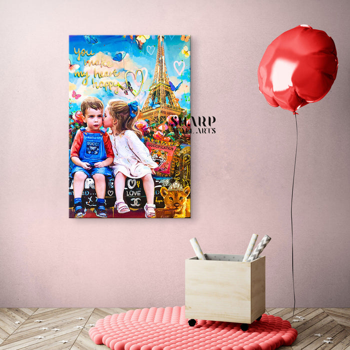 Kids Love In Paris Canvas Wall Art