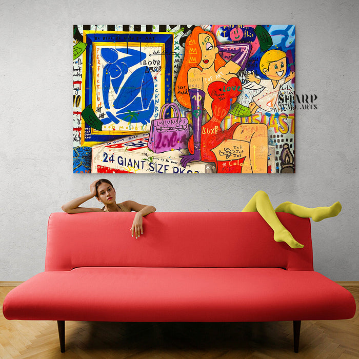 Lady In Red Cartoon Style Canvas Wall Art