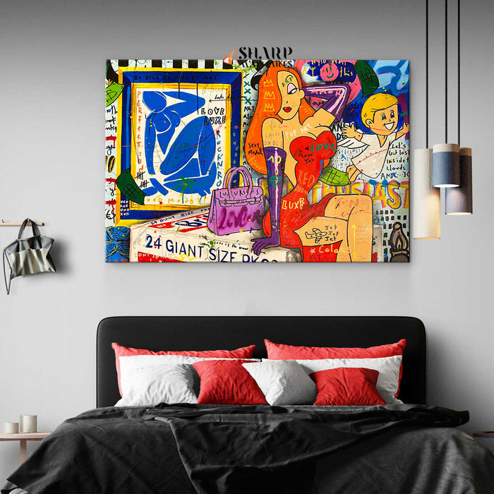 Lady In Red Cartoon Style Canvas Wall Art